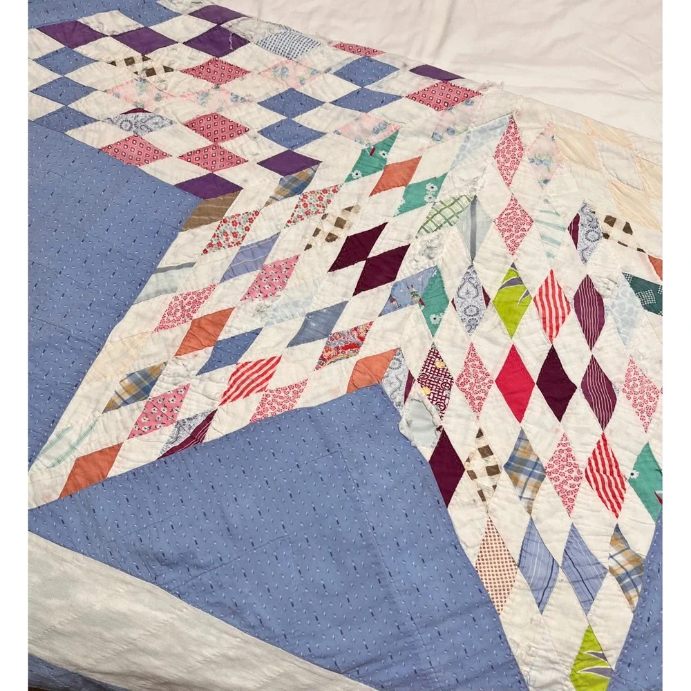 Antique Lone Star Hand Stitched Patchwork Quilt Blue Multi Color Cutter Repair
